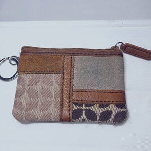 Fossil Keychain Leather/Suede/Canvas ID Holder-Zip Up Tab-Brown Mix-